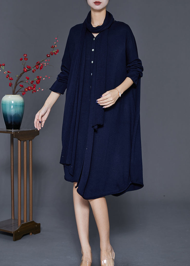 Classy Navy Oversized Complimentary Scarf Knit Mid Dress Fall