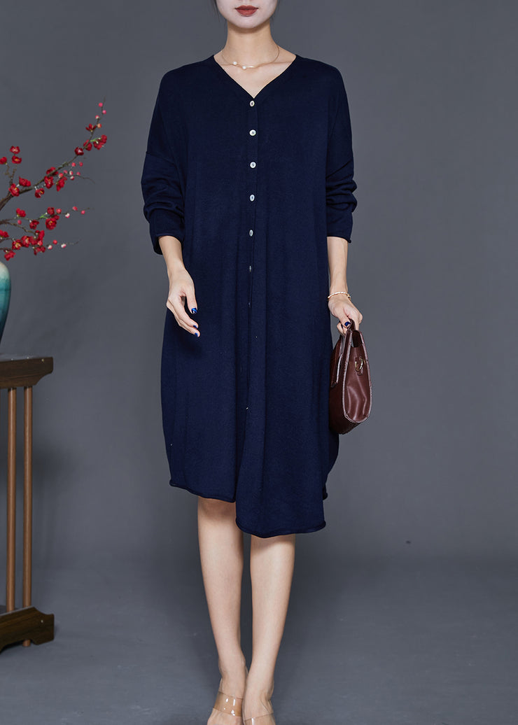 Classy Navy Oversized Complimentary Scarf Knit Mid Dress Fall