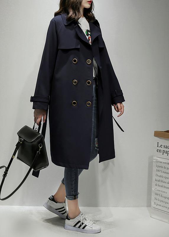 Classy Notched double breast Plus Size trench coat navy silhouette outwear - bagstylebliss