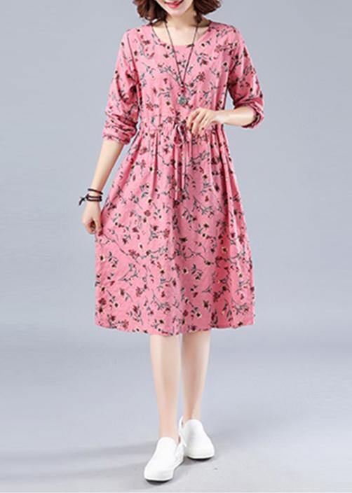 Classy O Neck Drawstring Spring Outfit Runway Pink Print Dress - bagstylebliss