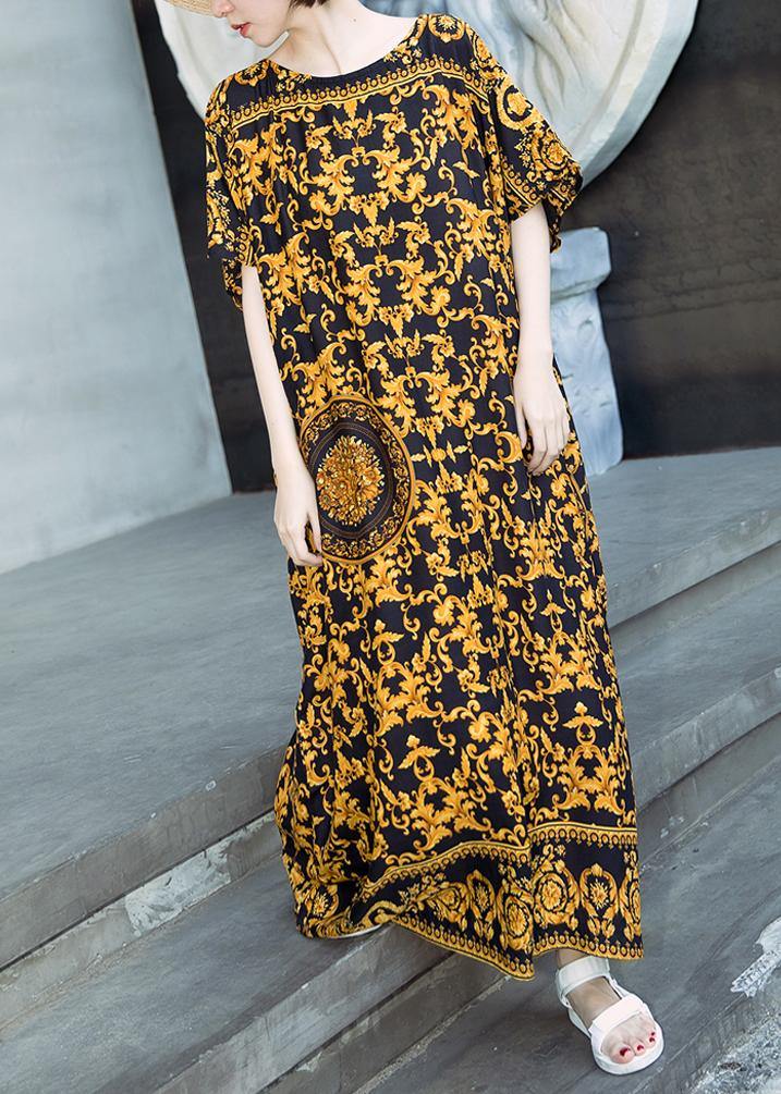 Retro Caftans Yellow Print Long Dresses - bagstylebliss