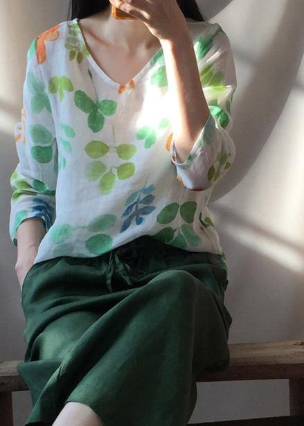Classy O neck Blouses For Women Shape Green Leaf Print Shirts - bagstylebliss