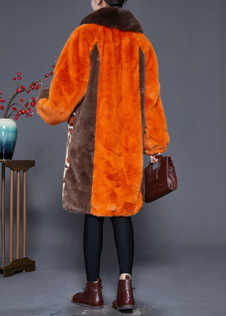 Classy Orange Fur Collar Patchwork Leopard Faux Fur Coat Winter