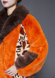 Classy Orange Fur Collar Patchwork Leopard Faux Fur Coat Winter