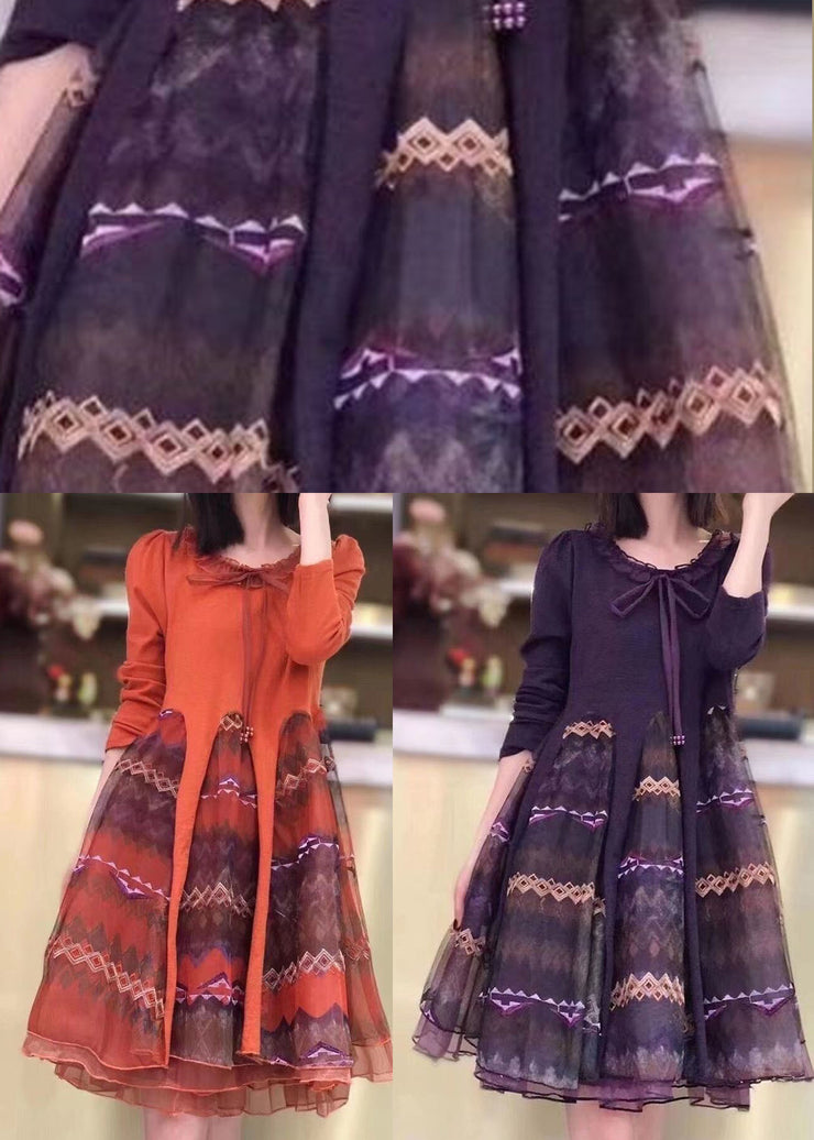 Classy Orange Knit Patchwork Tulle Embroideried  Fall Long sleeve Dress