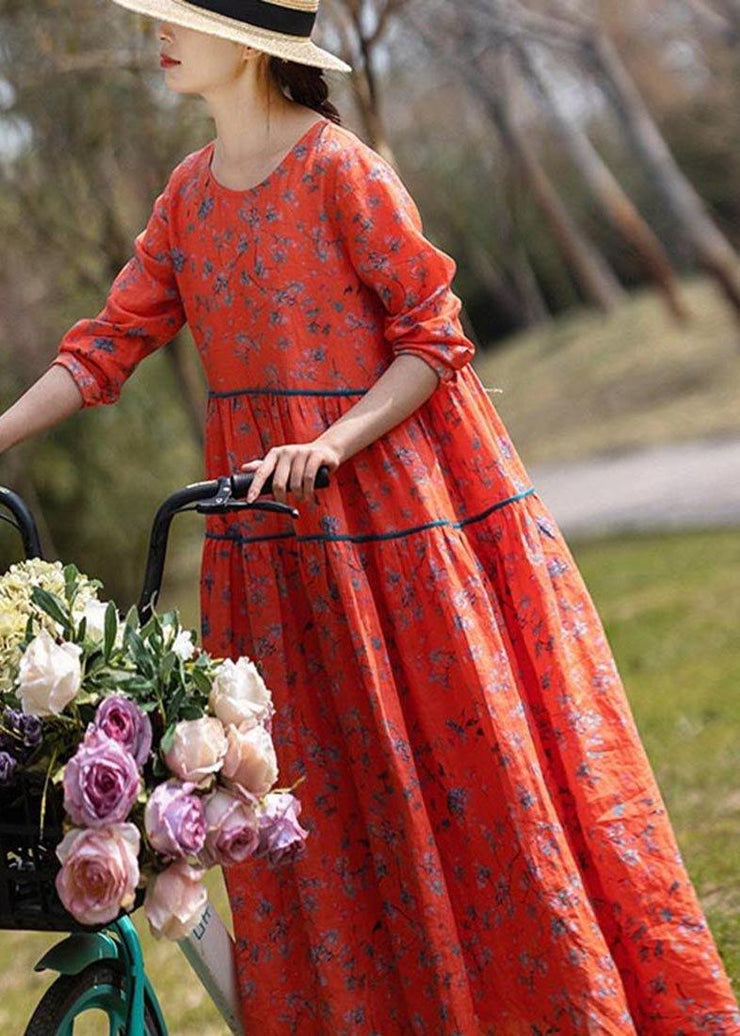 Classy Orange Print Linen O-Neck Long sleeve Summer Dress - bagstylebliss