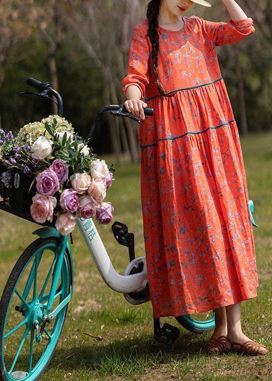 Classy Orange Print Linen O-Neck Long sleeve Summer Dress - bagstylebliss