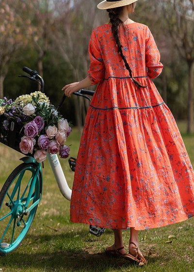 Classy Orange Print Linen O-Neck Long sleeve Summer Dress - bagstylebliss