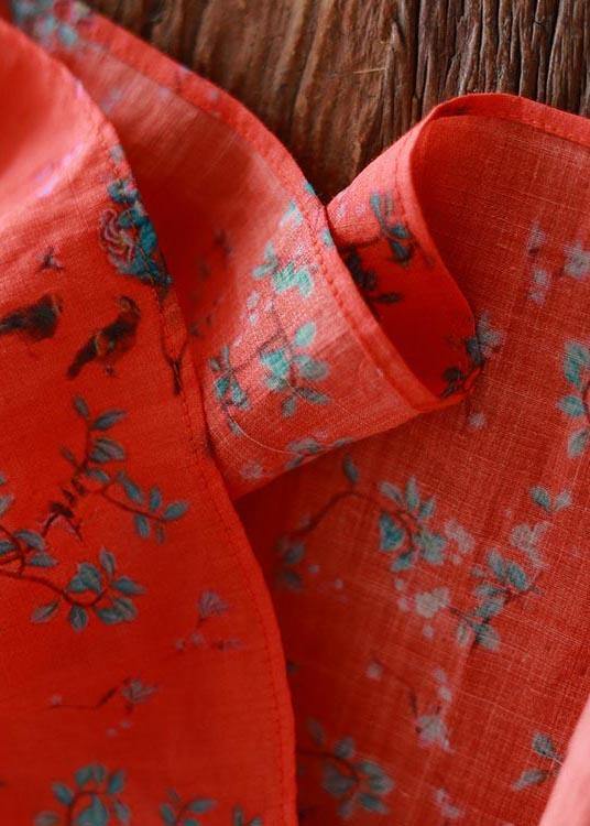 Classy Orange Print Linen O-Neck Long sleeve Summer Dress - bagstylebliss