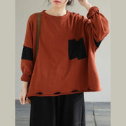 Classy Orange cotton Tunic Top Patchwork loose Sweatshirt - bagstylebliss