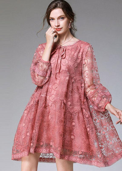 Classy Pink Fashion Spring Lace Party Dress Long Sleeve - bagstylebliss