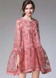 Classy Pink Fashion Spring Lace Party Dress Long Sleeve - bagstylebliss