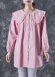 Classy Pink Peter Pan Collar Cotton Shirt Top Spring