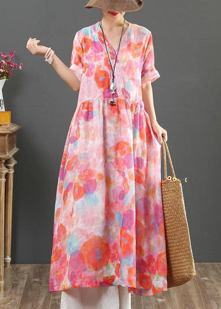 Classy Pink Print V Neck Party Summer Linen Dress - bagstylebliss