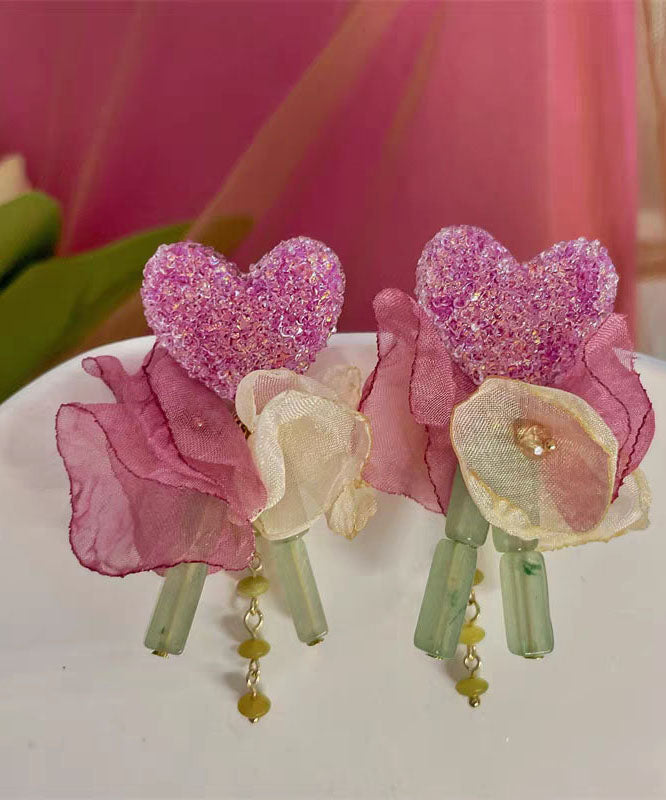 Classy Pink Resin Love Tulle Flower Tassel Drop Earrings