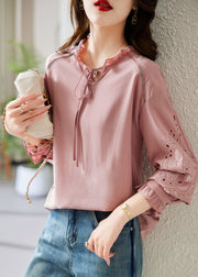 Classy Pink Ruffled Patchwork Hollow Out Silk Shirt Fall