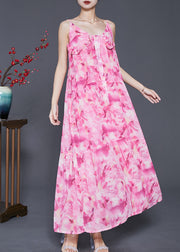 Classy Pink Ruffled Print Chiffon Spaghetti Strap Dress Summer