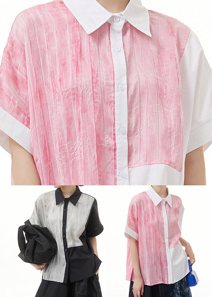 Classy Pink Tie Dye Patchwork Cotton Shirt Tops Summer