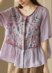 Classy Purple O-Neck Embroidered Patchwork Linen Blouse Tops Summer