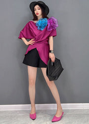 Classy Purple Red Asymmetrical Design Floral Silk Shirt Vestidos Short Sleeve