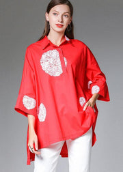 Classy Red Bat Wing Sleeve Dot low High Design Fall Cotton Shirt Tops - bagstylebliss