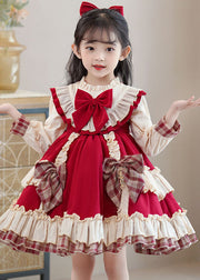 Classy Red Bow Ruffled Patchwork Kids Mid Dress Long Sleeve