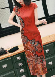 Classy Red Button Print Side Open Silk Long Dresses Summer