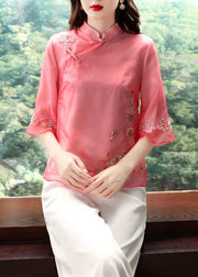 Classy Red Embroidered Chines Button Patchwork Chiffon Top Half Sleeve