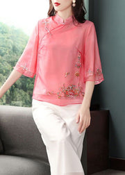 Classy Red Embroidered Chines Button Patchwork Chiffon Top Half Sleeve