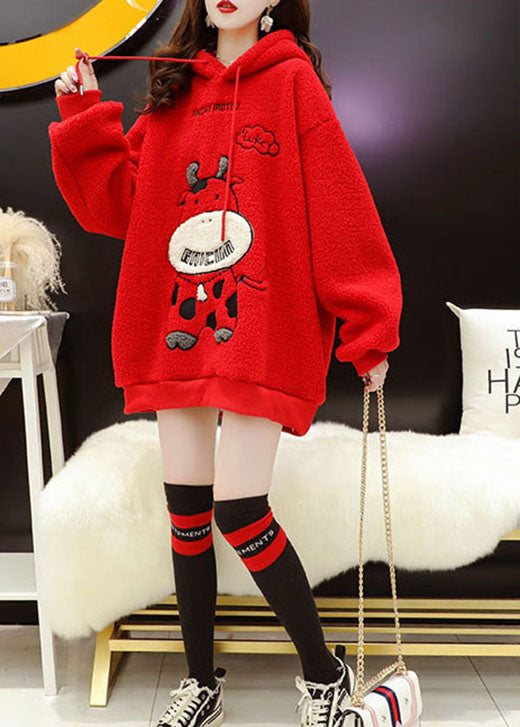 Classy Red Hooded Faux Fur Winter Sweatshirt