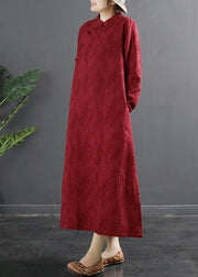 Classy Red Jacquar dresses Women Stand Collar A Line Dress - bagstylebliss