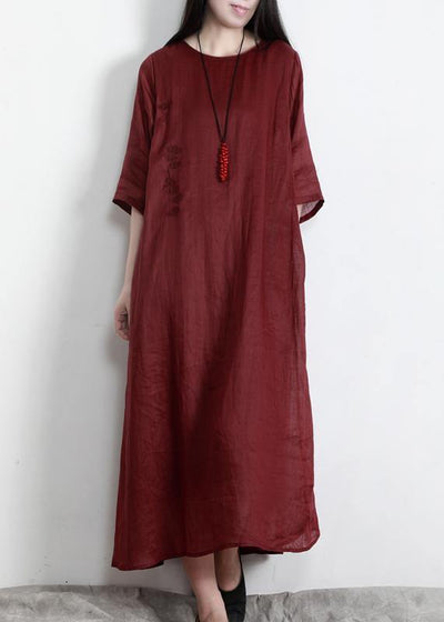 Classy Red O-Neck Linen Half Sleeve Summer Dresses - bagstylebliss