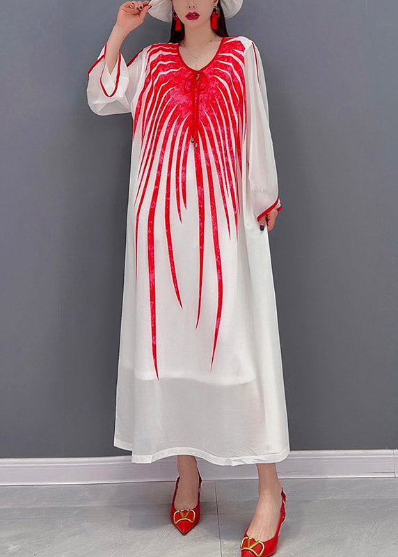 Classy Red O Neck Print Chiffon Long Dress Long Sleeve