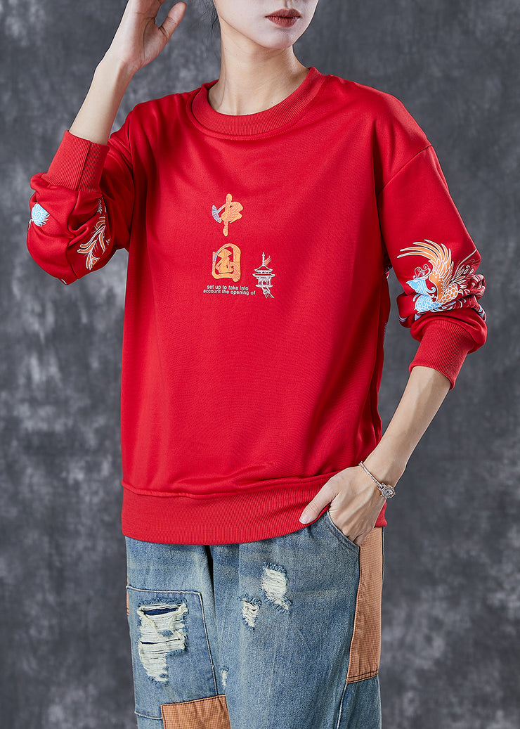 Classy Red Oversized Chinese Print Cotton Sweatshirt Fall