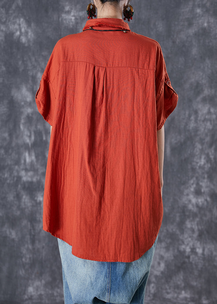 Classy Red Peter Pan Collar Oversized Cotton Shirt Summer