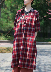 Classy Red Plaid V Neck Patchwork Cotton Dress Half Sleeve