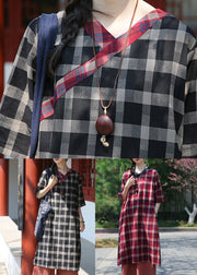 Classy Red Plaid V Neck Patchwork Cotton Dress Half Sleeve