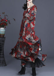 Classy Red Print Silk Cinched Summer Dress - bagstylebliss