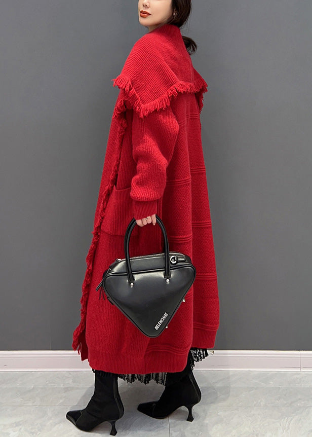 Classy Red Sailor Collar Knit Long Cardigan Winter