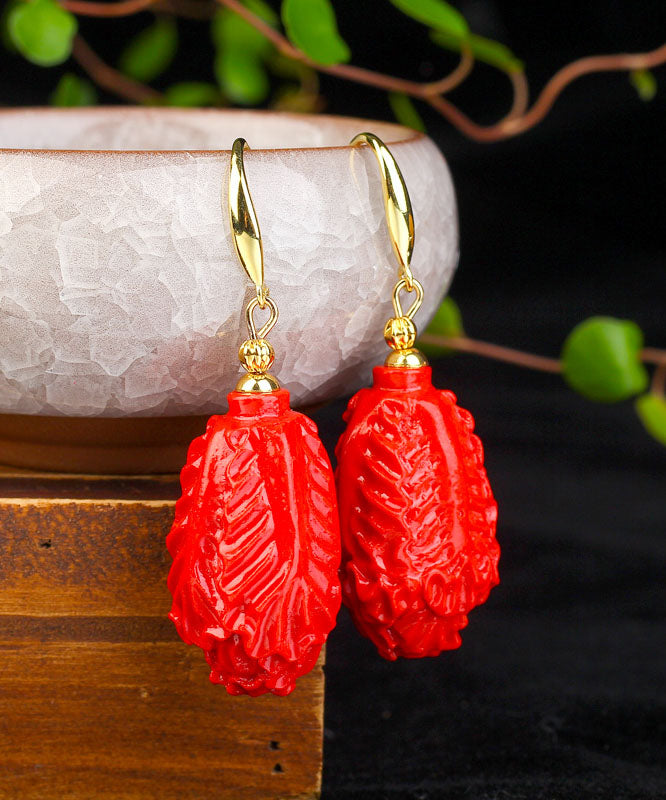 Classy Red Sterling Silver Overgild Cinnabar Chinese Cabbage Drop Earrings