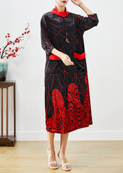 Classy Red Turtle Neck Print Silk Velour Long Dress Half Sleeve