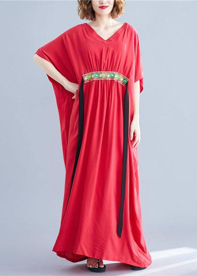 Classy Red V Neck Bow Summer Long Dresses Half Sleeve - bagstylebliss