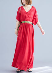 Classy Red V Neck Bow Summer Long Dresses Half Sleeve - bagstylebliss