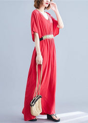 Classy Red V Neck Bow Summer Long Dresses Half Sleeve - bagstylebliss