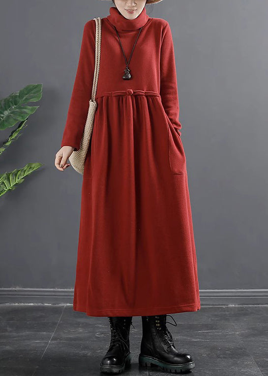 Classy Red Wrinkled Patchwork Thick Cotton Knit Long Dress Winter