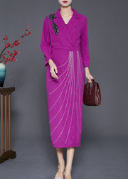 Classy Rose Notched Collar Zircon Cotton Maxi Dresses Fall