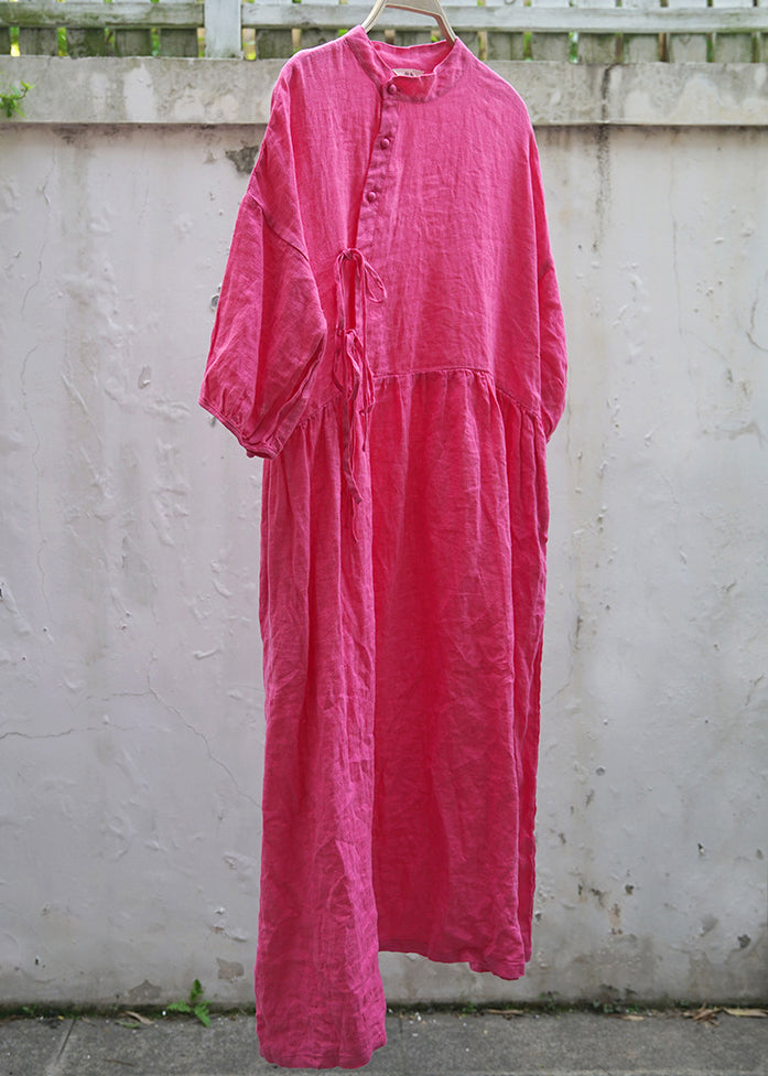 Classy Rose Stand Collar button Cinched Linen Holiday Dress Half Sleeve