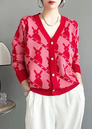 Classy Rose V Neck Button Jacquard Woolen Cardigan Fall