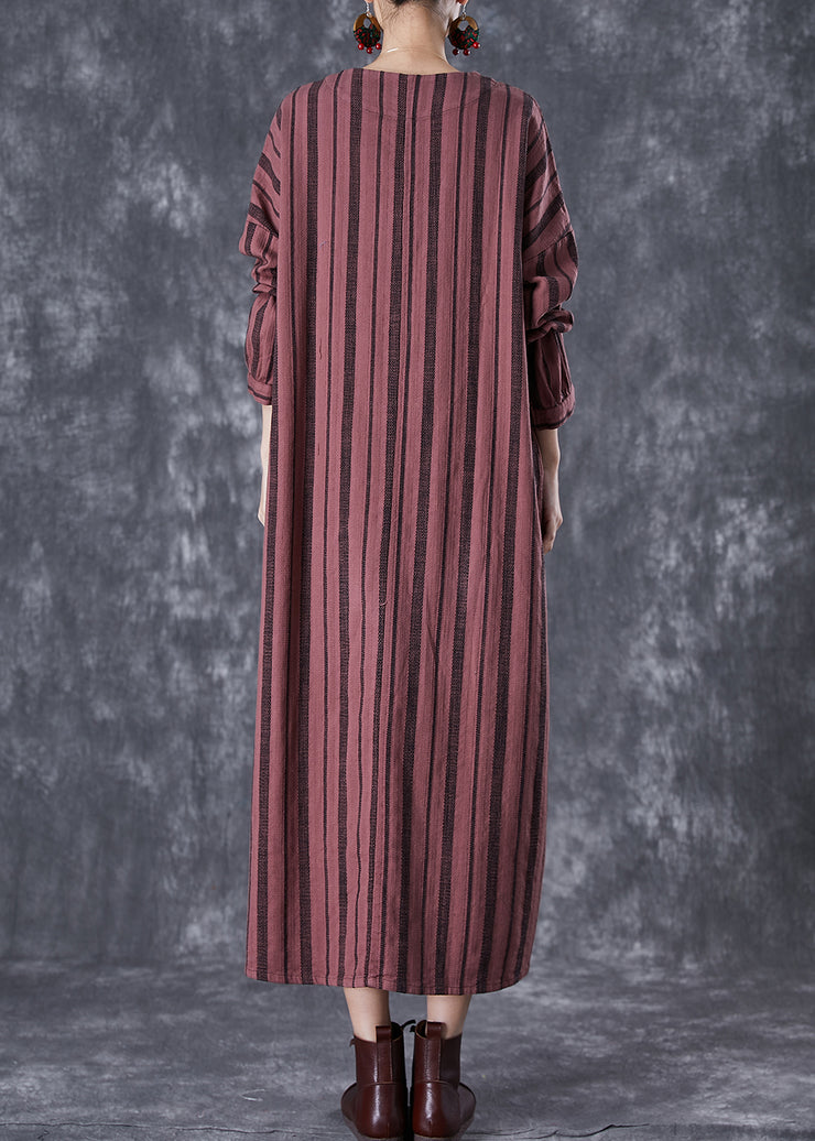 Classy Rust Red Embroidered Striped Linen Vacation Dresses Fall