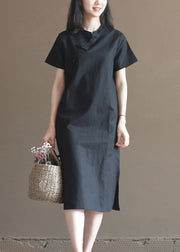 Classy Solid Black Stand Collar Oriental Button Cotton Linen Cheongsam Dresses Short Sleeve